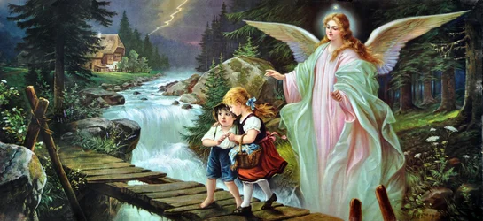 Un ange gardien protège deux enfants traversant une rivière sur un vieux pont en bois, début du XXe siècle