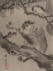 Chouette moquée par de petits oiseaux, vers 1887