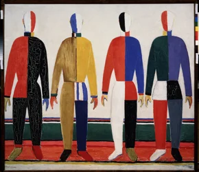 Sportifs. Quatre hommes portant des tenues de sport très colorées. Peinture de Kasimir Severinovich Malevitch (Malevich, Malevic) (1878-1935)
