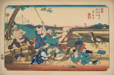 Iwamurata, combat des aveugles, planche 23 de la série : Soixante-neuf stations de la route du Kisokaido / Kisokaido rokujukyu tsugi
