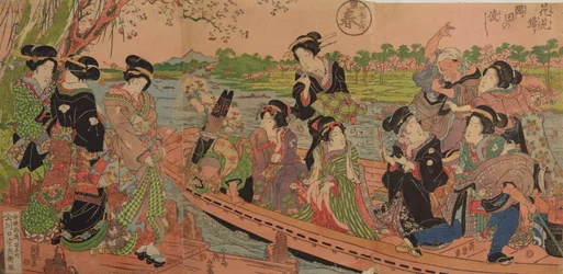 Bac sur la rivière Sumida - Retour du hanami au passage de Sumida, de la série : Quatre saisons ; Printemps