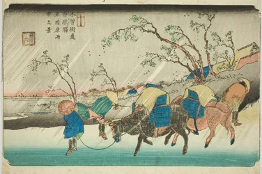 N° 20 : Pluie sur la plaine de Hiratsuka près de la station de Kutsukake (Niju: Kutsukake no eki, Hiratsukahara uchu no kei), de la série "[Soixante-neuf stations du] Kisokaido (Kisokaido [rokujukyu tsugi no uchi])"