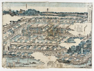 Esquisse du quartier des théâtres kabuki de Saruwakamachi