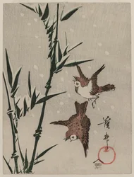 Moineaux, bambou et neige tombante, vers fin des années 1820