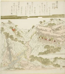 Vue des sources chaudes de Miyanoshita à Hakone, Soshu, de la série "Sources chaudes - Un diptyque (Onsen niban tsuzuki)"