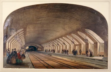 Intérieur de la station Baker Street montrant les quais et un train approchant, Londres, vers 1865