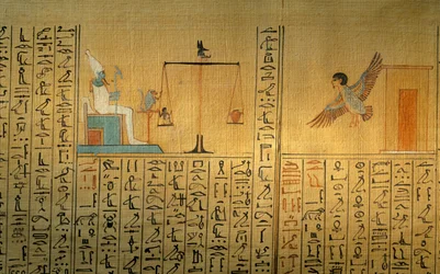 Papyrus de la tombe de Maiherpri; Vallée des Rois; Ba quittant la tombe; pesée de...