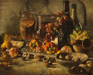 Nature morte avec fruits, noix et bouteilles