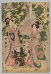 Deux filles et un enfant sur le pont du temple