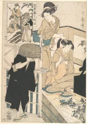 Une femme à sa toilette, assise devant un miroir, se faisant coiffer par une kameyui (coiffeuse)