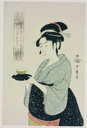 Portrait en buste de Naniwaya Okita, représentant la célèbre serveuse de maison de thé servant une tasse de thé