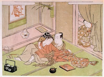 Couple se caressant sous le regard de la servante. Estampe japonaise de Kitagawa Utamaro (1753-1806). XVIIIe siècle. Paris, Musée Guimet, Musée national des arts asiatiques