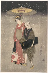 Geisha marchant dans la neige la nuit