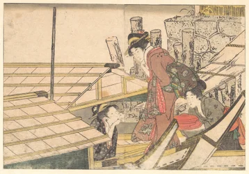 Jeunes filles montant dans un bateau, du livre illustré Fleurs des quatre saisons