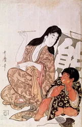 Kintarō et Yamauba calligraphiant, série : Yamauba et Kintarō. Estampe japonaise de Kitagawa Utamaro (1753-1806). Dimensions : 0,38 x 0,26 m. 1790-1806. Paris, musée Guimet, Musée national des arts asiatiques