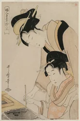 Mère enseignant la calligraphie à sa fille, de la série, Douze occupations des femmes, vers 1798