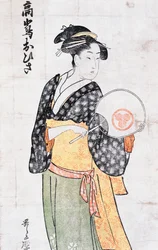 Ohisa de la maison de thé Takashima, femme en kimono avec éventail, estampe ukiyo-e par Kitagawa Utamaro (1753-1806), période Edo