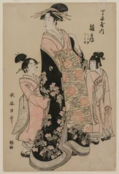 La courtisane Hinazuru de Chojiya avec ses assistantes Tsuruji et Tsuruno