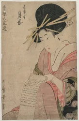 La courtisane Tsukioka de Hyogoya roulant une lettre, fin des années 1790