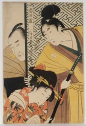Le jeune samouraï, Rikiya, avec Konami et Honzo partiellement cachés derrière la porte, Acte II de "Chushingura"