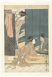 Deux courtisanes et un jeune homme sous une moustiquaire