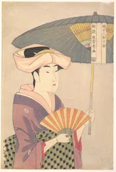 « Femme tenant une ombrelle levée » de la série « Dix types de physionomie féminine » (Fujo ninsō juppen: Higasa o sasu onna)