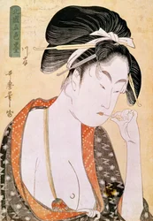 Femme désirant les lèvres. Estampe japonaise de Utamaro Kitagawa (1753-1806). 18e siècle. Paris, Musée Guimet, Musée des arts asiatiques