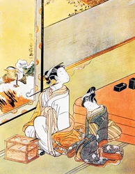 Femme fumant une pipe, estampe ukiyo-e, école Tosa, gravure sur bois, civilisation japonaise, période Edo
