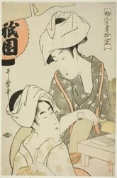 Femmes préparant du tofu de Gion, de la série "Douze types de travaux manuels féminins (Fujin tewaza juni-ko)"