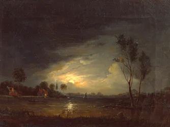 Paysage de fjord avec des pêcheurs au clair de lune