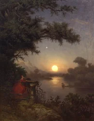 Femme sur la terrasse regardant la lune