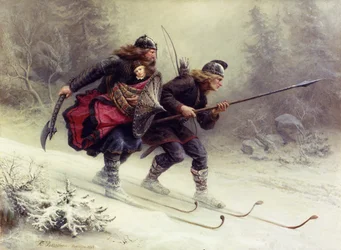 Soldats pour le roi norvégien Sverre, Torstein Skevla et Skjervald Skrukka portant le fils du roi Hakon Hakonsson