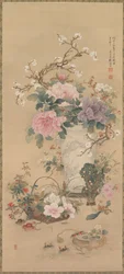 Vase de fleurs avec sauterelle, vie marine et roche de jardin, rouleau suspendu, fin des années 1800