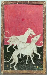 Trois chiens de chasse, une des cartes à jouer représentant des scènes de fauconnerie courtoise, Haut-Rhin, vers 1440-45