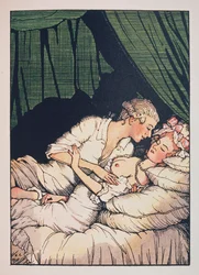 Illustration pour «Le Livre de la Marquise» de Franz Blei (une marquise, seins nus, allongée dans son lit avec son amant) - œuvre de Konstantin Andreyevich Somov (1869-1939), eau-forte