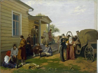 Juge de paix. Bâtiment de la cour de justice dans la campagne russe, des paysans attendent en bavardant, des juristes s