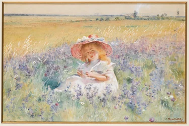 Une jeune fille dans un champ de sauge, marguerites et fléole des prés