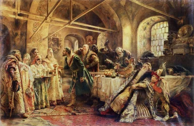 La cérémonie du baiser - Au temps du Domostroï, dans le grand-duché de Moscou, un boyard choisit sa future femme; les candidates sont vêtues de la robe sarafane et de la coiffe traditionnelle, le kokochnik