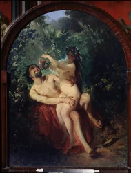 Satyre et nymphe. Couple nu et ivre, la nymphe sur les genoux du satyre le nourrit avec une grappe de raisin, cueillie sur les vignes qui les entourent. Peinture de Konstantin Yegorovich Makovsky (Constantin Makovski) (1839-1915)