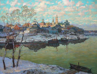 Début du printemps, une ville au bord de la rivière, 1916