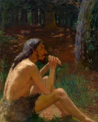 Homme préhistorique jouant de la flûte - Peinture de Konstantin Pavlovich Kuznetsov