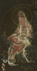 Rouleau suspendu représentant le bodhisattva Avalokiteshvara (Kwanseûm Posal) assis sur une branche de saule dans un jardin paradisiaque, dynastie Koryô