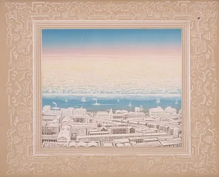 Vue aérienne de Londres avec bordure décorative, vers 1845