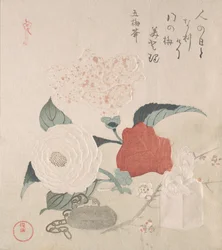 Fleurs de camélia, un netsuke et un sceau, 19ème siècle