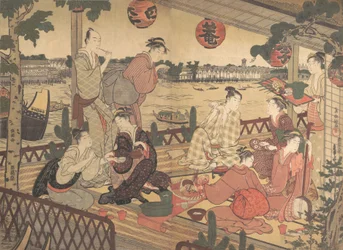 Deux jeunes hommes et plusieurs femmes dînant dans une maison de thé sur la rive de la rivière Sumida