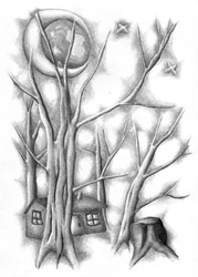 Maisons de la forêt au clair de lune