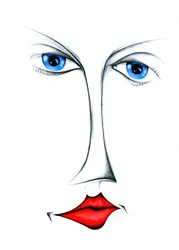 Yeux bleus stylisés, lèvres rouges