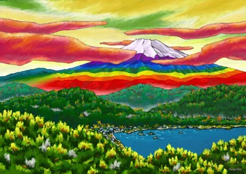 Mont Fuji arc-en-ciel au-delà de la ville