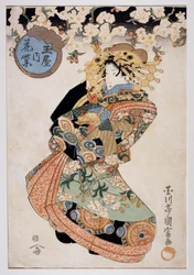 Courtisane Hanamurasaki de la maison de thé Tamaya, vers 1830, estampe Ukiyo-e par Utagawa Kunitomi, civilisation japonaise