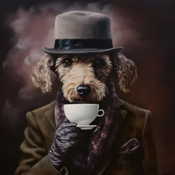 Un caniche cultivé boit une tasse de thé, porte un col roulé et une casquette plate, fond enfumé 3